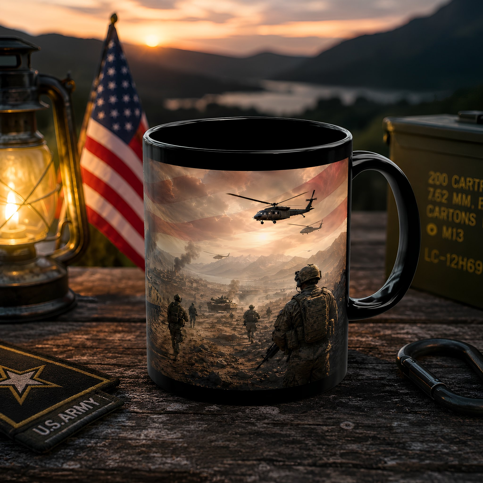 A black coffee mug with an American flag design and a scene depicting soldiers in a desert landscape, with a helicopter flying overhead.