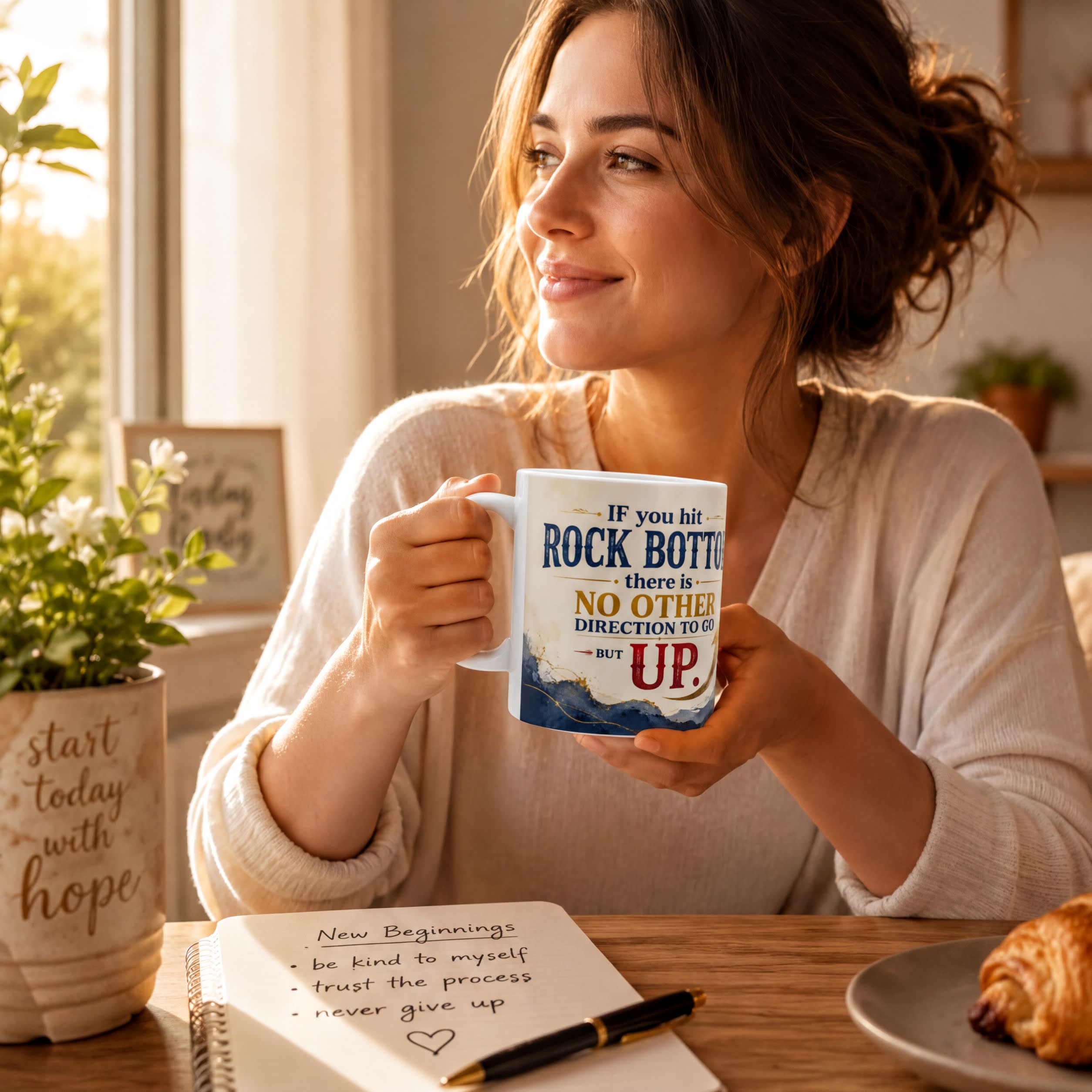 A woman is sitting at a table, holding a mug with a motivational quote, and looking out the window. She is also holding a notebook and a pen, suggesting she might be taking notes or working on a project.