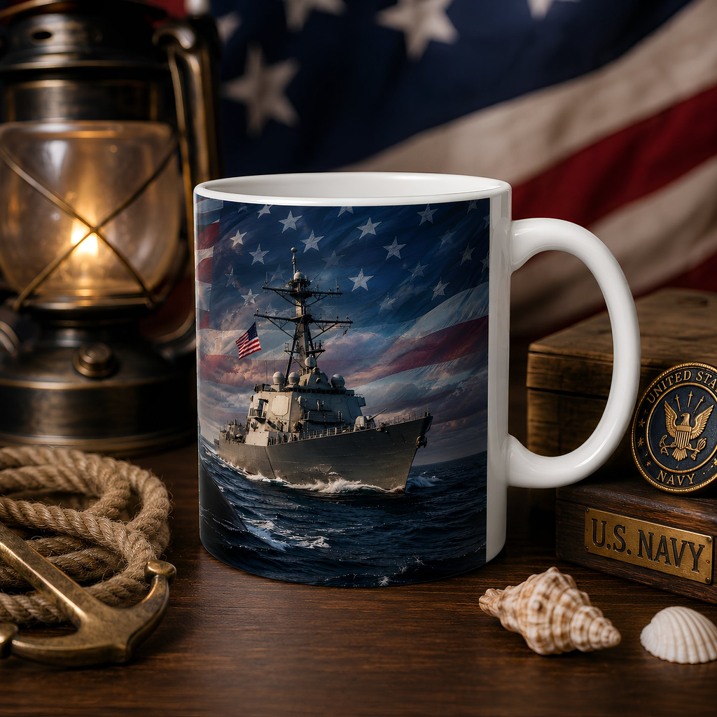 a mug with a picture of a naval ship sailing on the ocean, surrounded by an American flag and other nautical items such as a lantern, a rope, and a seashell.