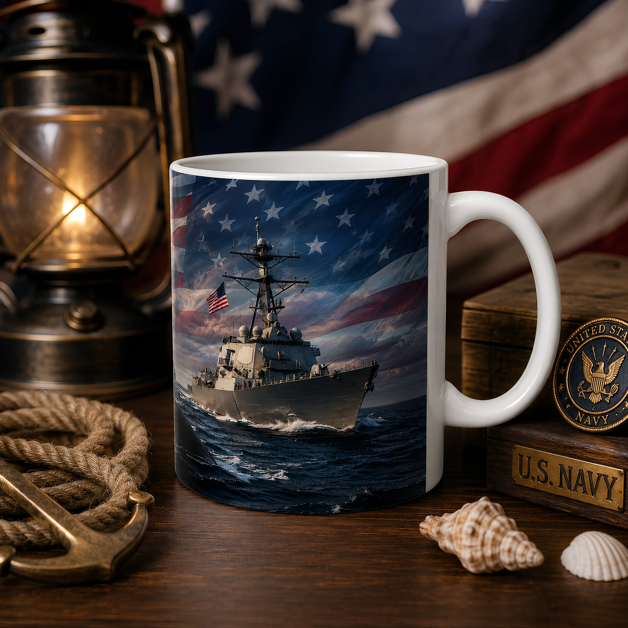 a mug with a picture of a naval ship sailing on the ocean, surrounded by an American flag and other nautical items such as a lantern, a rope, and a seashell.