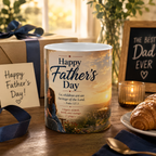 A coffee mug with a printed design on it, placed on a table with a card, a pastry, and a candle.
