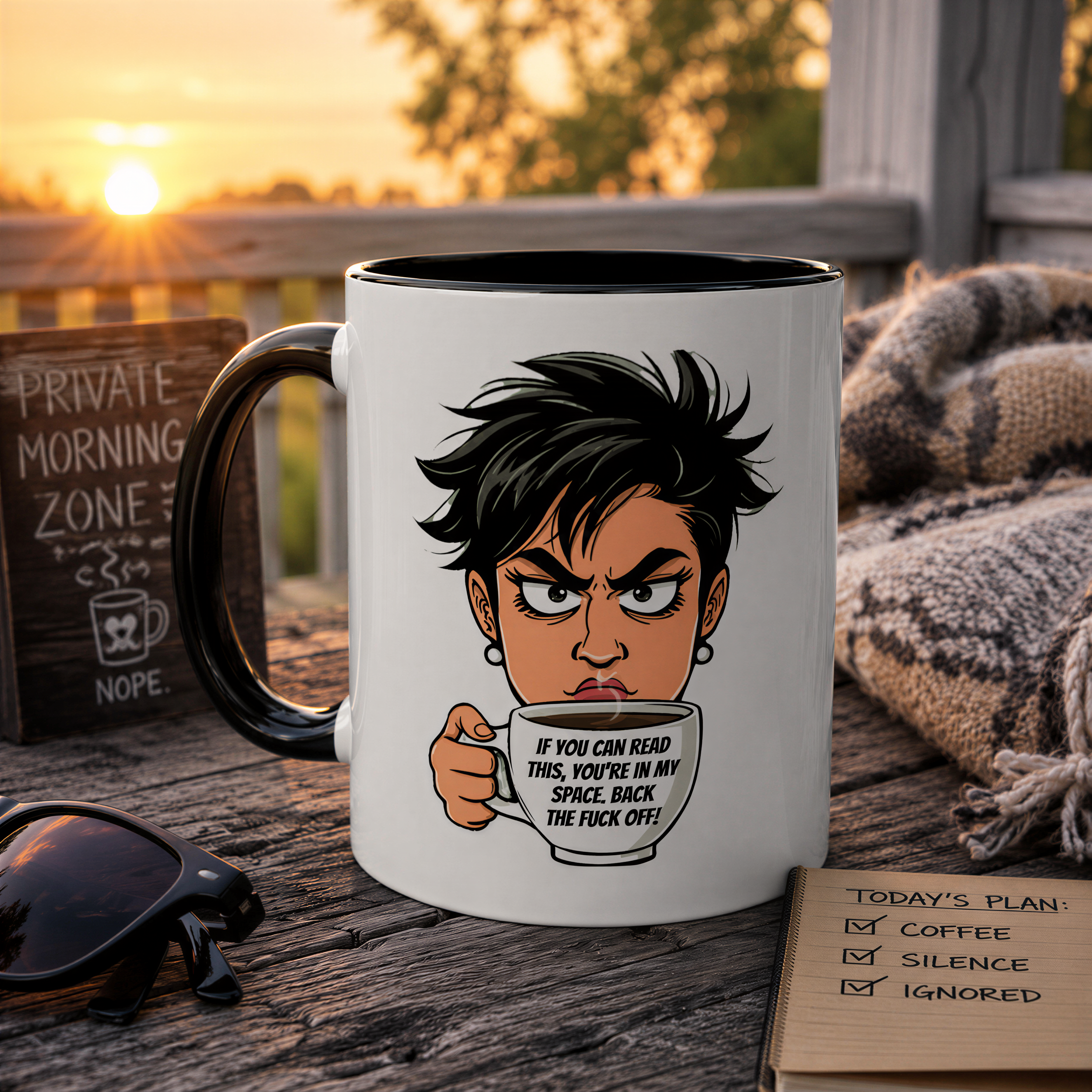 A mug with a cartoon character holding a coffee mug, accompanied by a sign that reads "PRIVATE MORNING ZONE NOPE" and a note with a list of tasks.