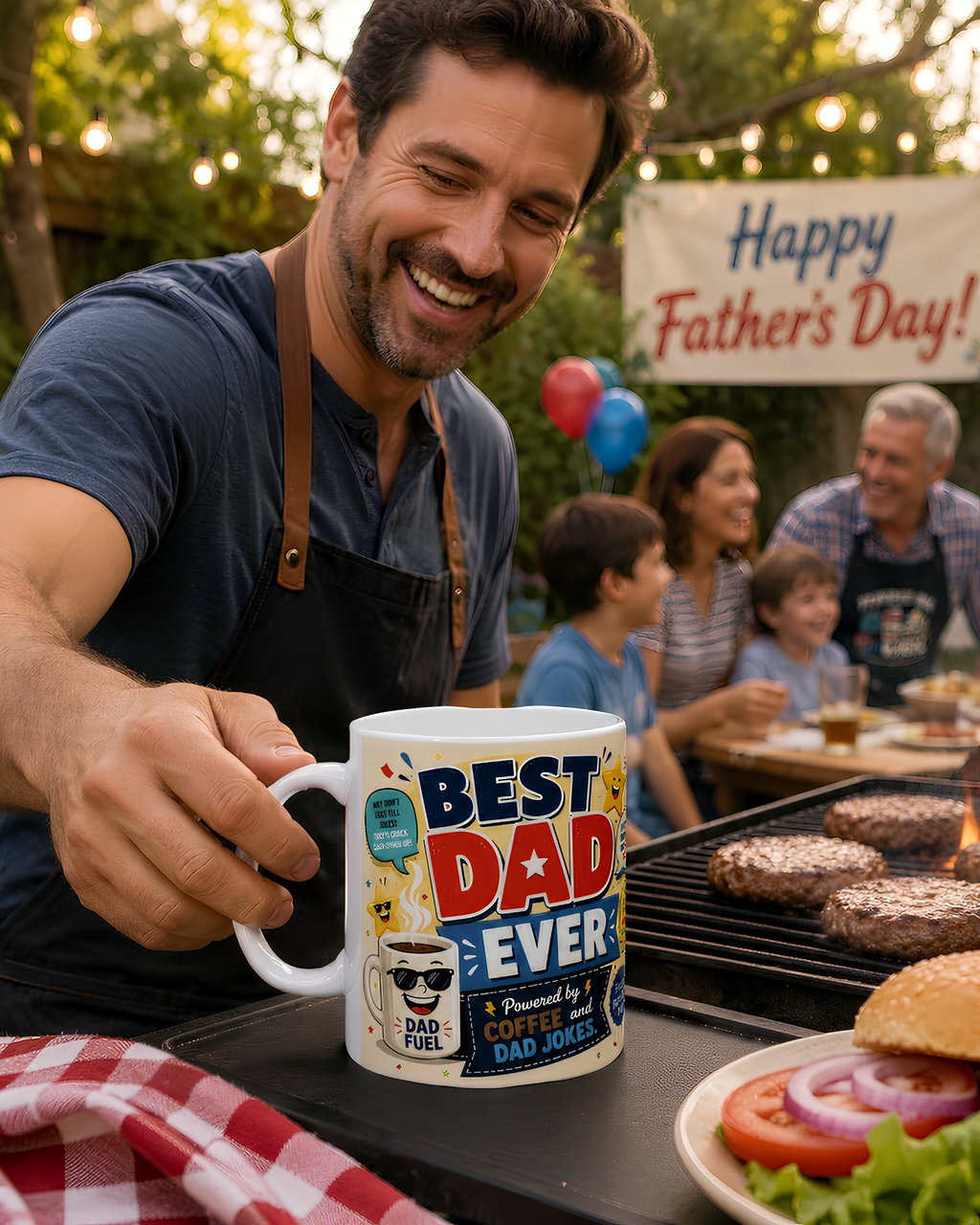 A man is holding a mug with a humorous Father's Day message, while a family is enjoying a barbecue outdoors with burgers and hot dogs.