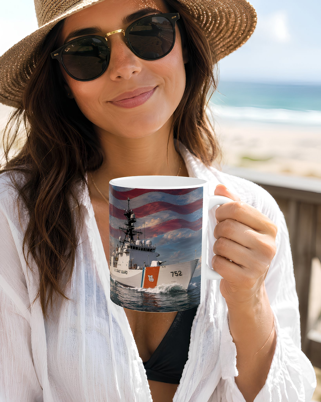 A woman wearing a straw hat and sunglasses holds a mug featuring a ship design, with the mug prominently displaying the number 752.