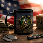 A black mug with the United States Army seal design, surrounded by military memorabilia such as medals, a chain, and a book.