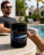 A man is sitting in a chair near a pool, with a black mug featuring an image of the International Space Station on it.