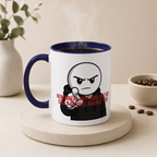 A white mug with a blue rim, featuring a cartoon character and the text "Remember, anything you say can be used against you".