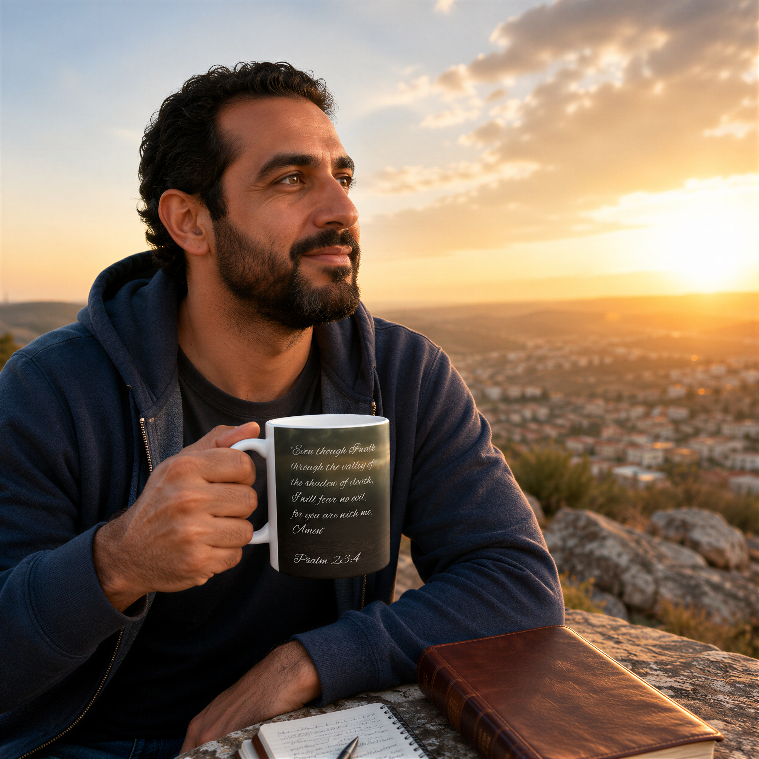 A man with a beard is sitting on a rock, holding a mug with a quote from Psalm 23:4, and looking out at a scenic sunset.