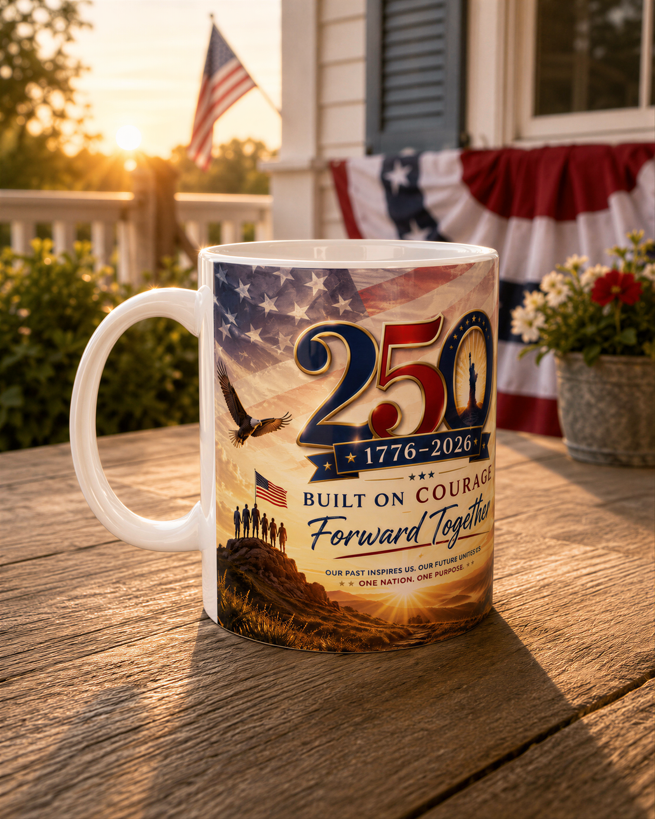 A white mug with a patriotic design featuring the American flag and the text "250" and "1776-2026" is placed on a wooden table.