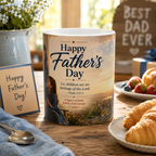 A coffee mug with a Father's Day message, a plate of croissants, and a card with a Father's Day greeting.