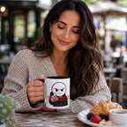 A woman is sitting at a table, holding a mug with a cartoon character on it, and smiling. The table also has a plate of food and a cup of coffee.