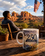 A man is sitting on a wooden bench, overlooking a scenic landscape with red rock formations and an American flag in the background. In the foreground, there is a coffee mug with a design depicting the United States and the year 1776-2026, celebrating the 250th anniversary of the United States' independence.