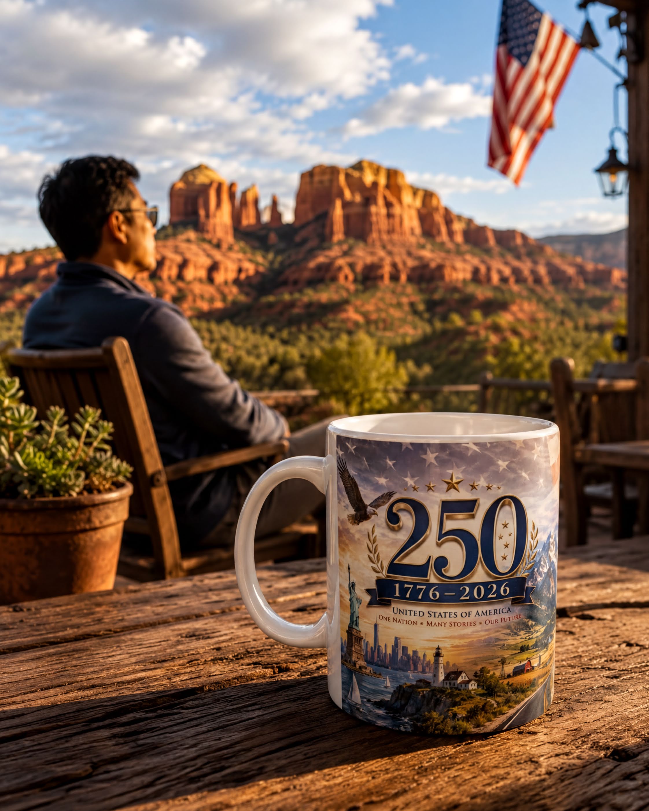 A man is sitting on a wooden bench, overlooking a scenic landscape with red rock formations and an American flag in the background. In the foreground, there is a coffee mug with a design depicting the United States and the year 1776-2026, celebrating the 250th anniversary of the United States' independence.