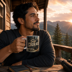 A man sits on a wooden deck, holding a mug with the phrase "Sip Courage" printed on it, while looking out at a scenic mountain landscape at sunset.