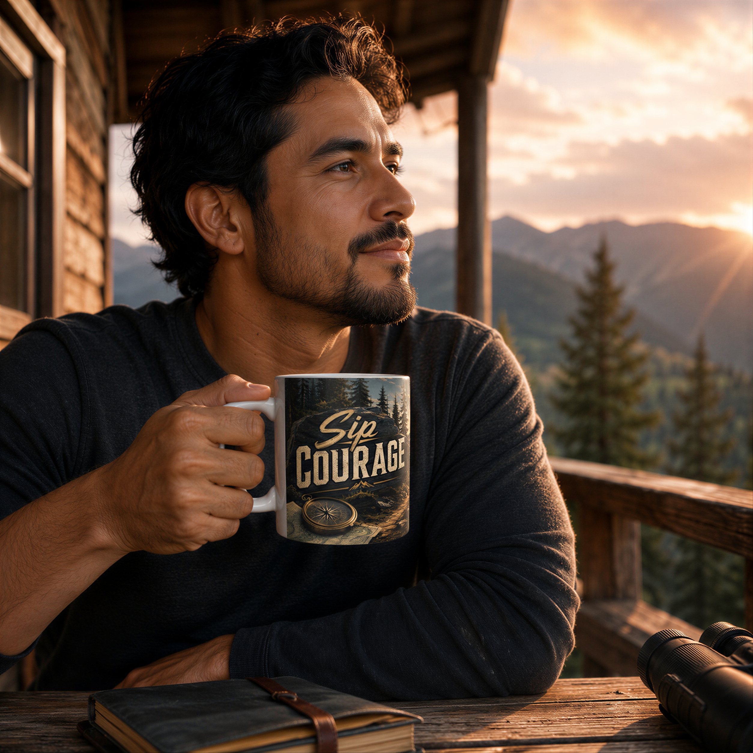 A man sits on a wooden deck, holding a mug with the phrase "Sip Courage" printed on it, while looking out at a scenic mountain landscape at sunset.