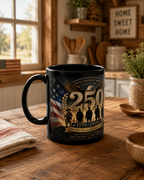 A black coffee mug with an American flag design and the text "250" printed on it, sitting on a wooden table.