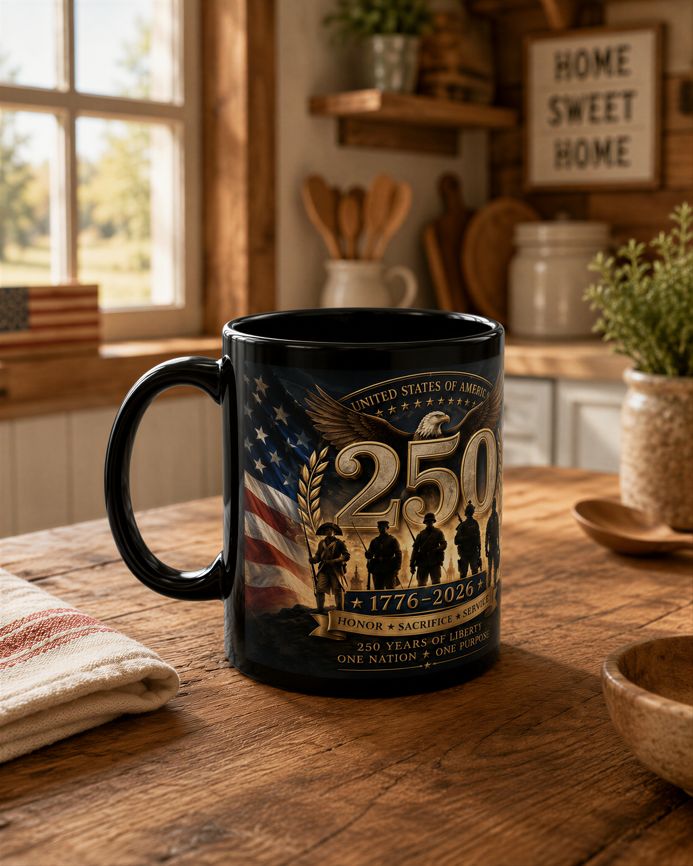 A black coffee mug with an American flag design and the text "250" printed on it, sitting on a wooden table.