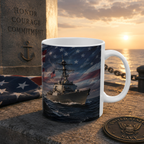 A mug with an image of a naval ship sailing on the ocean, set against a backdrop of the United States flag and a sunset.