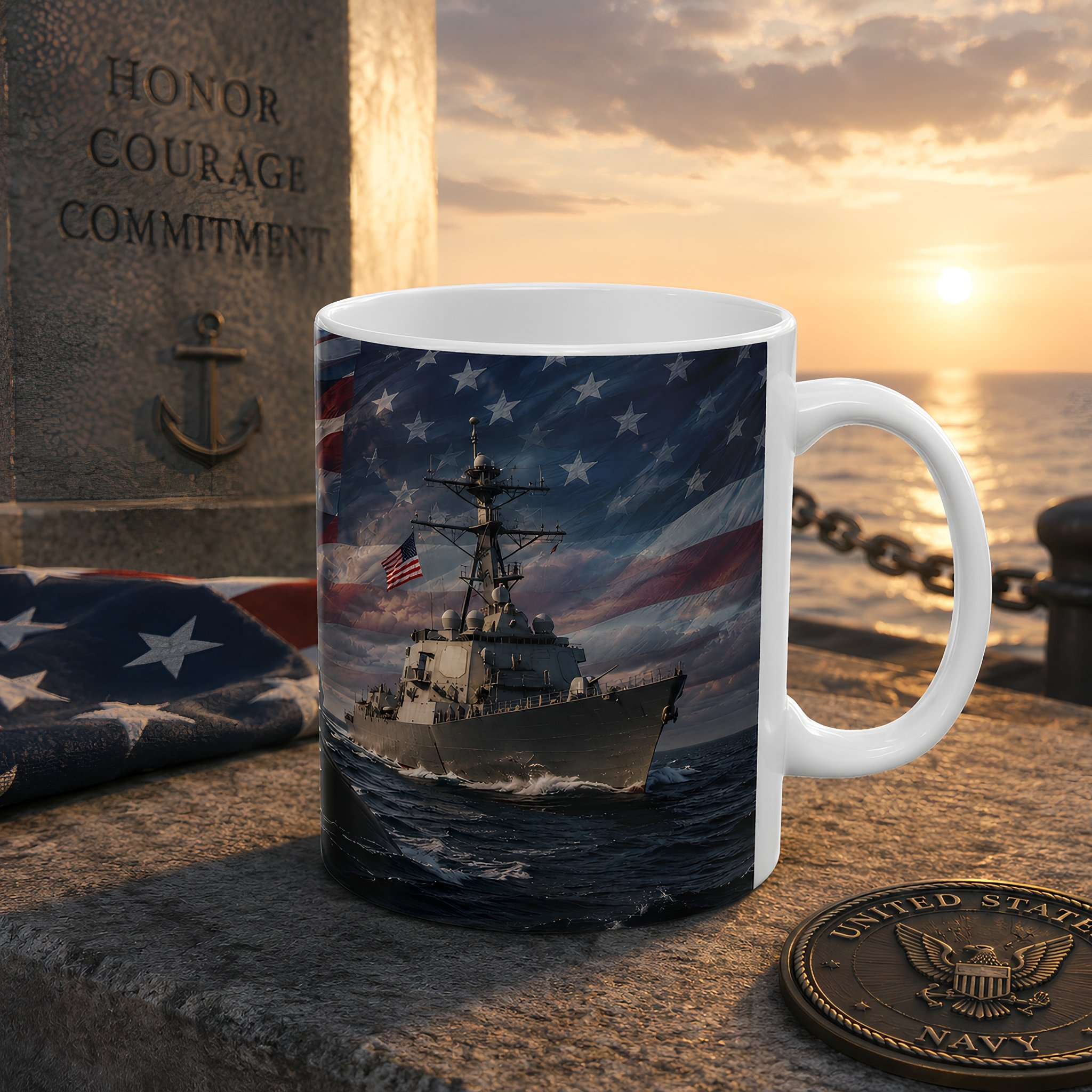 A mug with an image of a naval ship sailing on the ocean, set against a backdrop of the United States flag and a sunset.