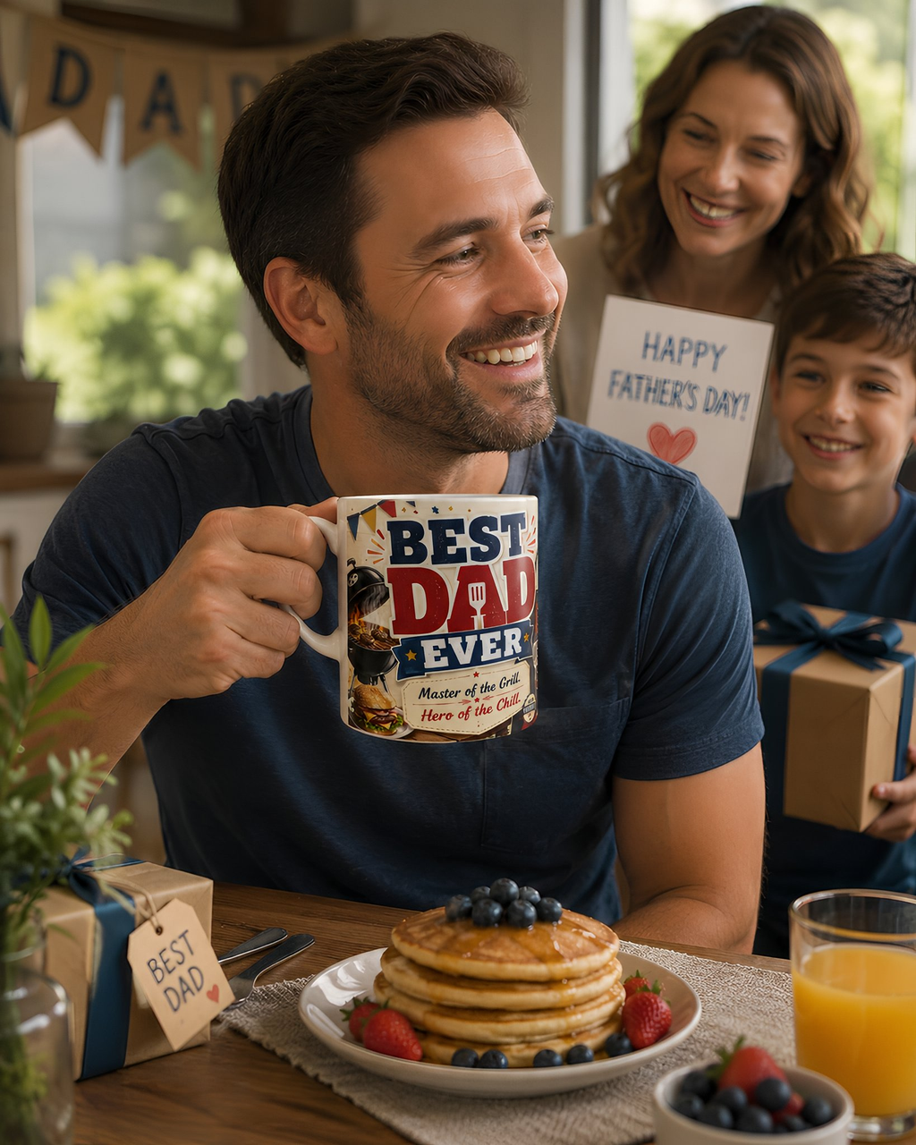 A man holding a mug with "Best Dad Ever" printed on it, smiling, while a woman and a young boy are standing behind him, holding a "Happy Father's Day!" sign and a gift box. They are all gathered around a table with pancakes, fruit, and orange juice.