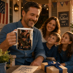 A man holding a mug with a photo of a family, smiling at the camera, with a "Happy Father's Day" sign in the background.