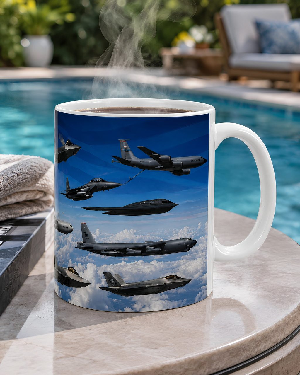 A white mug with a printed image of various military aircraft flying in formation against a blue sky.