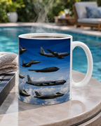 A white mug with a printed image of various military aircraft flying in formation against a blue sky.