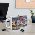 two mugs with naval-themed designs, including a lighthouse and a ship, placed on a desk with a laptop and a plant in the background.