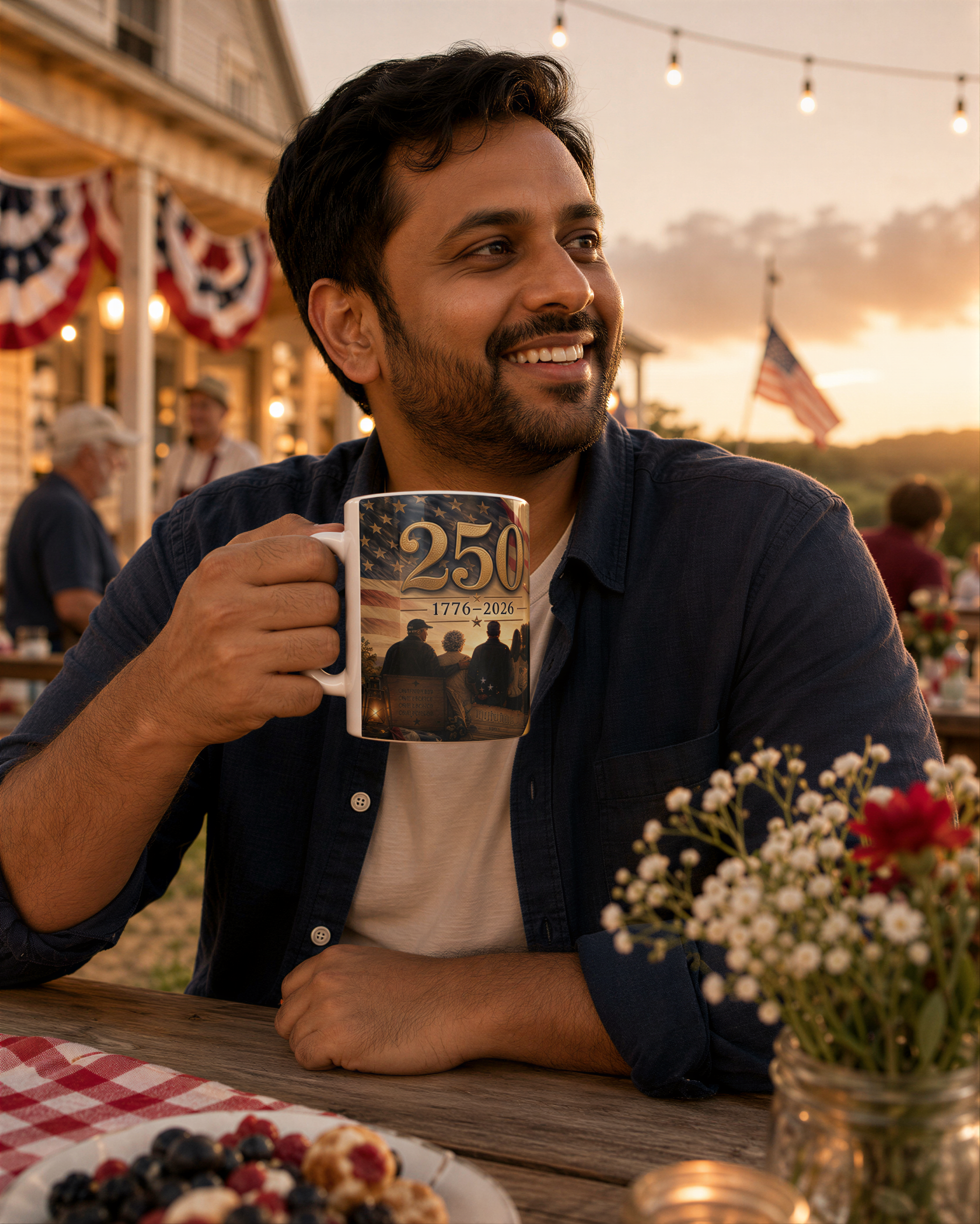 A man is sitting at a table, holding a mug with an image of a group of people, and smiling. The table has a vase of flowers and a plate of food. There are other people in the background, and a flag can be seen in the distance.
