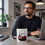 A man wearing glasses is sitting at a desk, working on a laptop computer. In front of him is a coffee mug with a cartoon character and text on it.