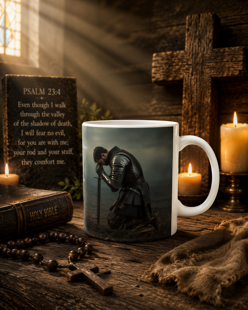A mug with a picture of a knight in armor, surrounded by religious symbols and objects such as a Bible, candles, and a cross.