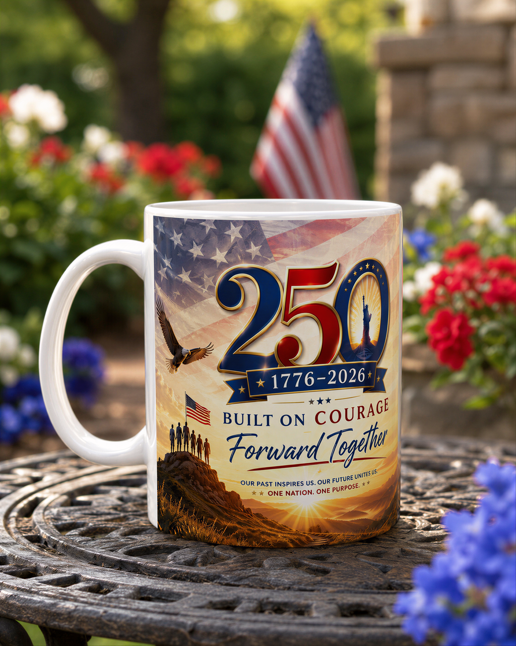 A white mug with a patriotic design featuring an American flag, a group of people, and a bird, along with the text "250" and "1776-2026" and the phrase "Built on Courage Forward Together" printed on it.