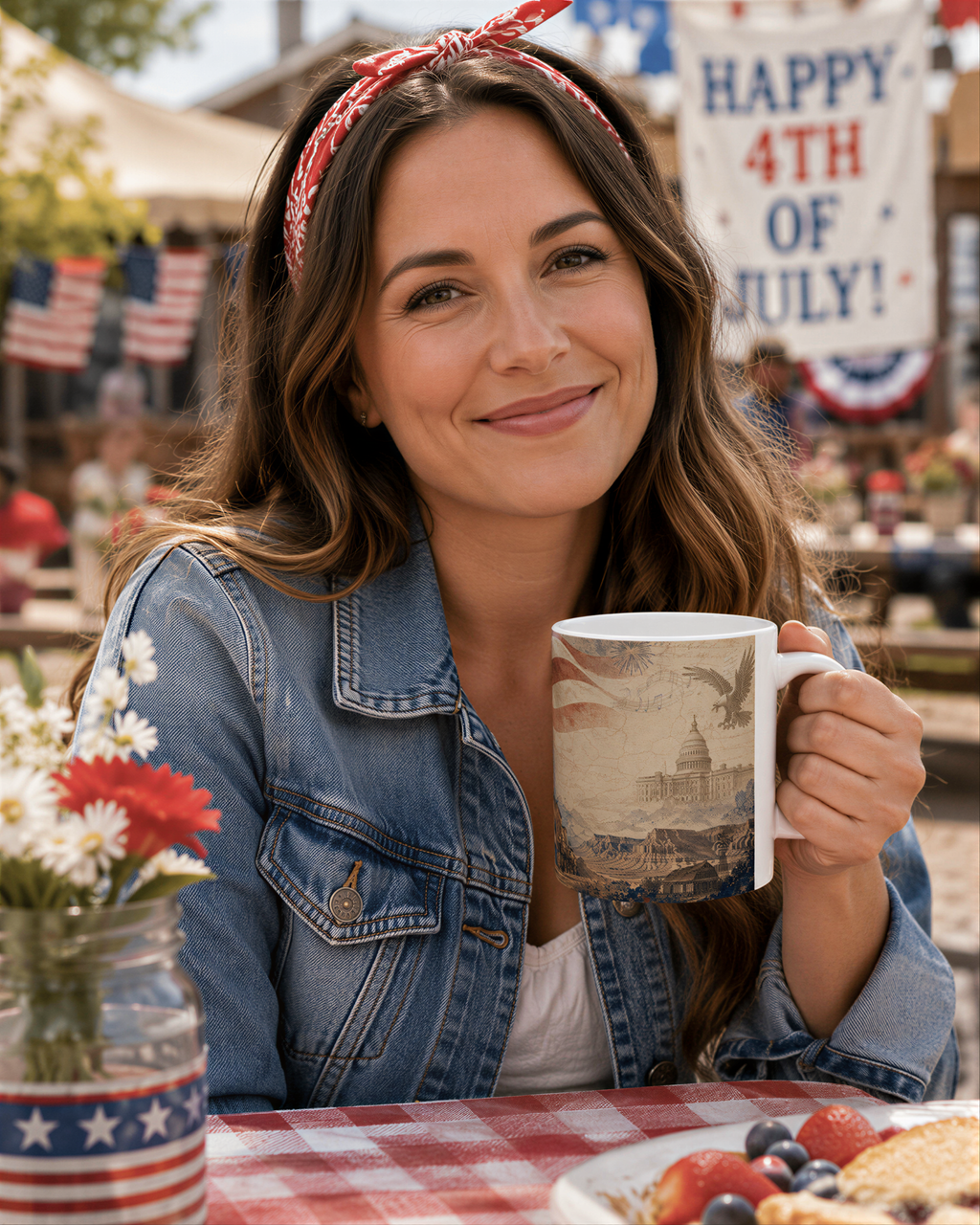 A woman in a denim jacket and headband is sitting at a table, holding a mug with an image of the United States Capitol building. The table has a red and white checkered tablecloth, and there are flowers and a plate of fruit on the table. In the background, there are American flags and a banner that says "Happy 4th of July!".