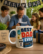 A family of three, including a father, mother, and two children, are gathered around a table with a large mug that says "Best Dad Ever" on it. The mug is decorated with various cartoon characters and text, and there is a card that says "Happy Father's Day!" written on it. The table also has some other items, such as a bowl of what appears to be coffee beans and a gift box.