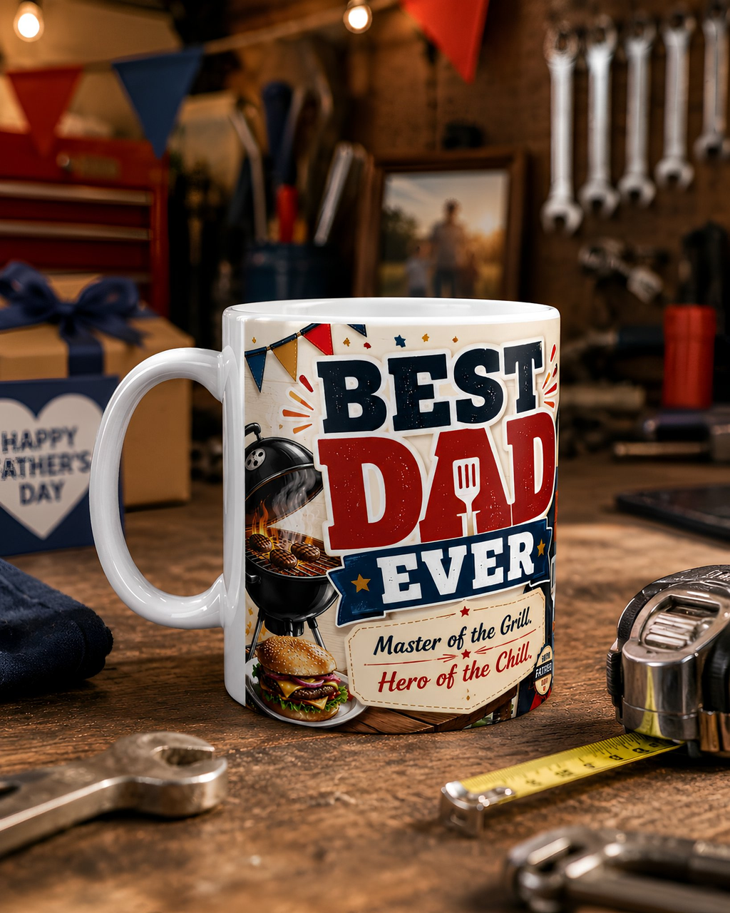 A white mug with a design featuring a barbecue grill and the text "BEST DAD EVER Master of the Grill Hero of the Chill" is placed on a wooden surface.