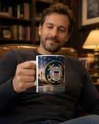 A man is sitting in a chair, holding a mug with a design featuring a lighthouse and stars.