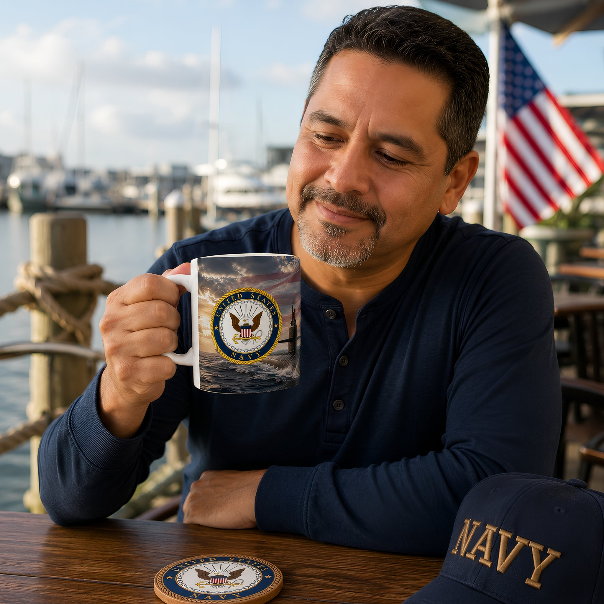 A man in a navy shirt is sitting at a table, holding a mug with a navy seal logo, and there is a navy hat on the table in front of him.