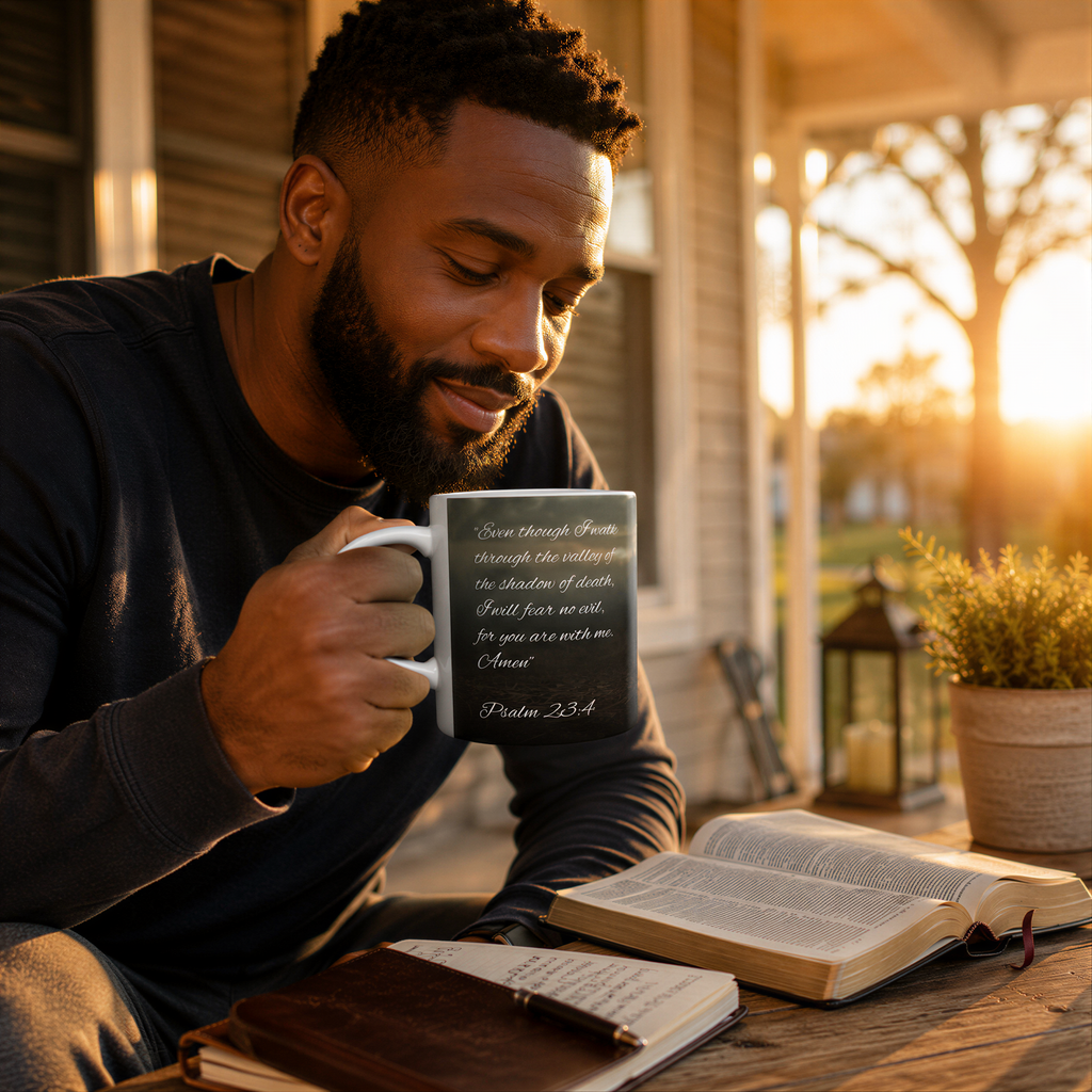 A man sits on a porch, holding a mug with a Bible verse from Psalm 23:4, surrounded by an open book, a notebook, and a potted plant.