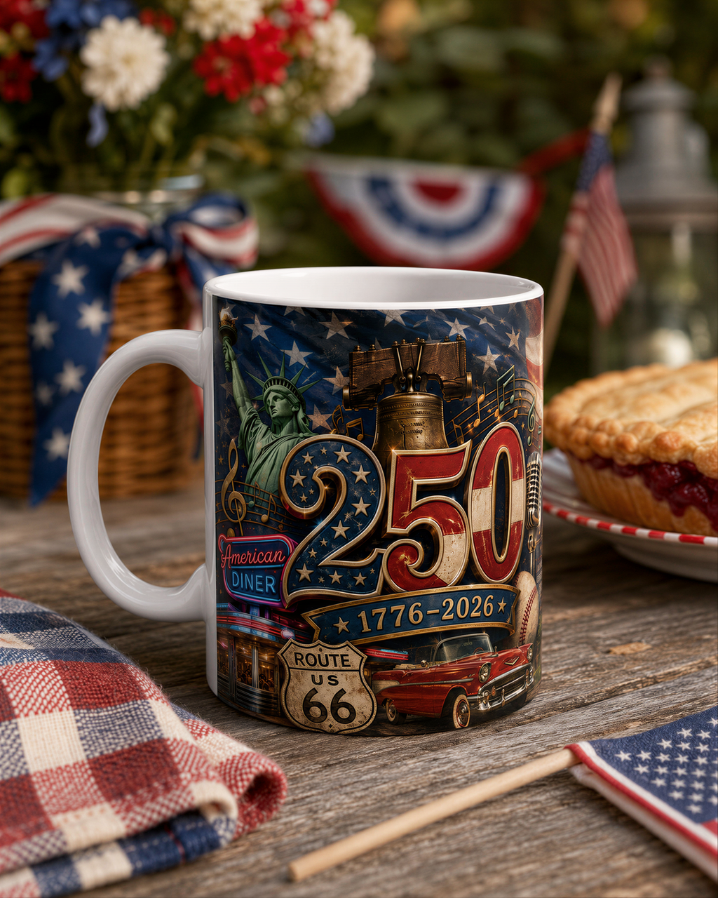 A mug with a design featuring the Statue of Liberty, Route 66, and the year 1776-2026, along with a pie and American flags, all set against a patriotic background.