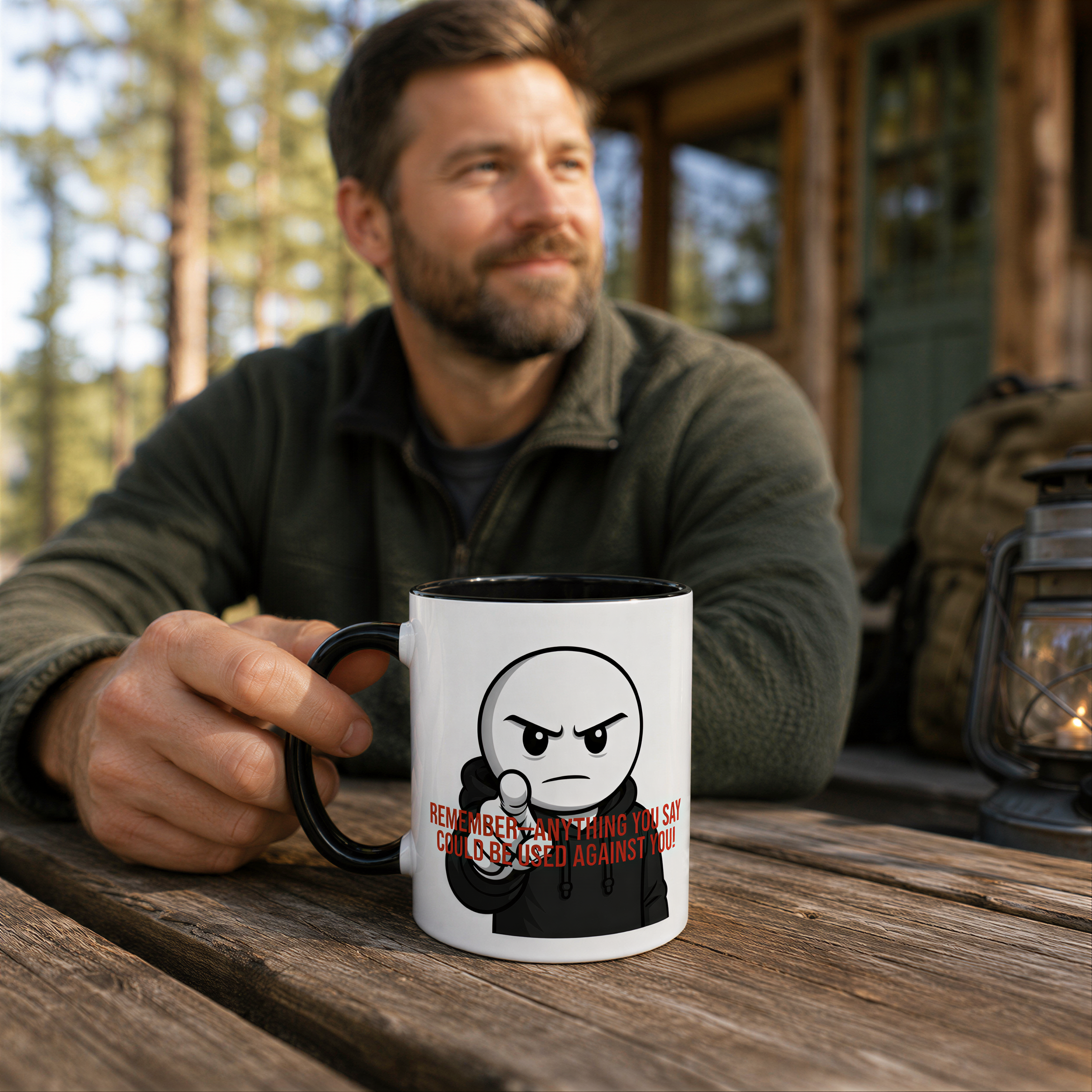 A man is sitting at a wooden table, holding a mug with a cartoon character on it.