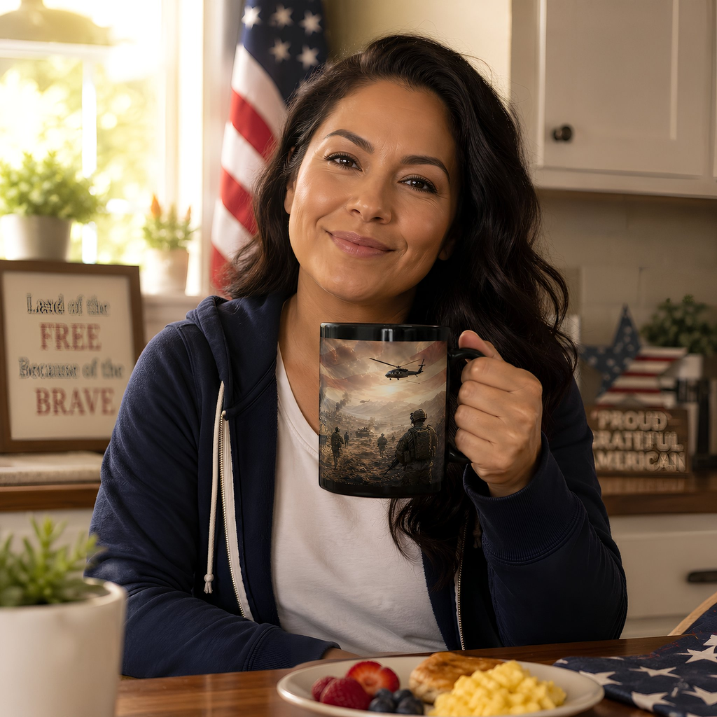A woman is sitting at a table, holding a mug with an image of soldiers, and smiling. The table also has a plate of food and a plant.
