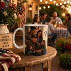 A white mug with a printed photo of a family sitting together, placed on a wooden table. In the background, there are people sitting at a table with a vase of flowers, and string lights are visible, creating a warm and festive atmosphere.
