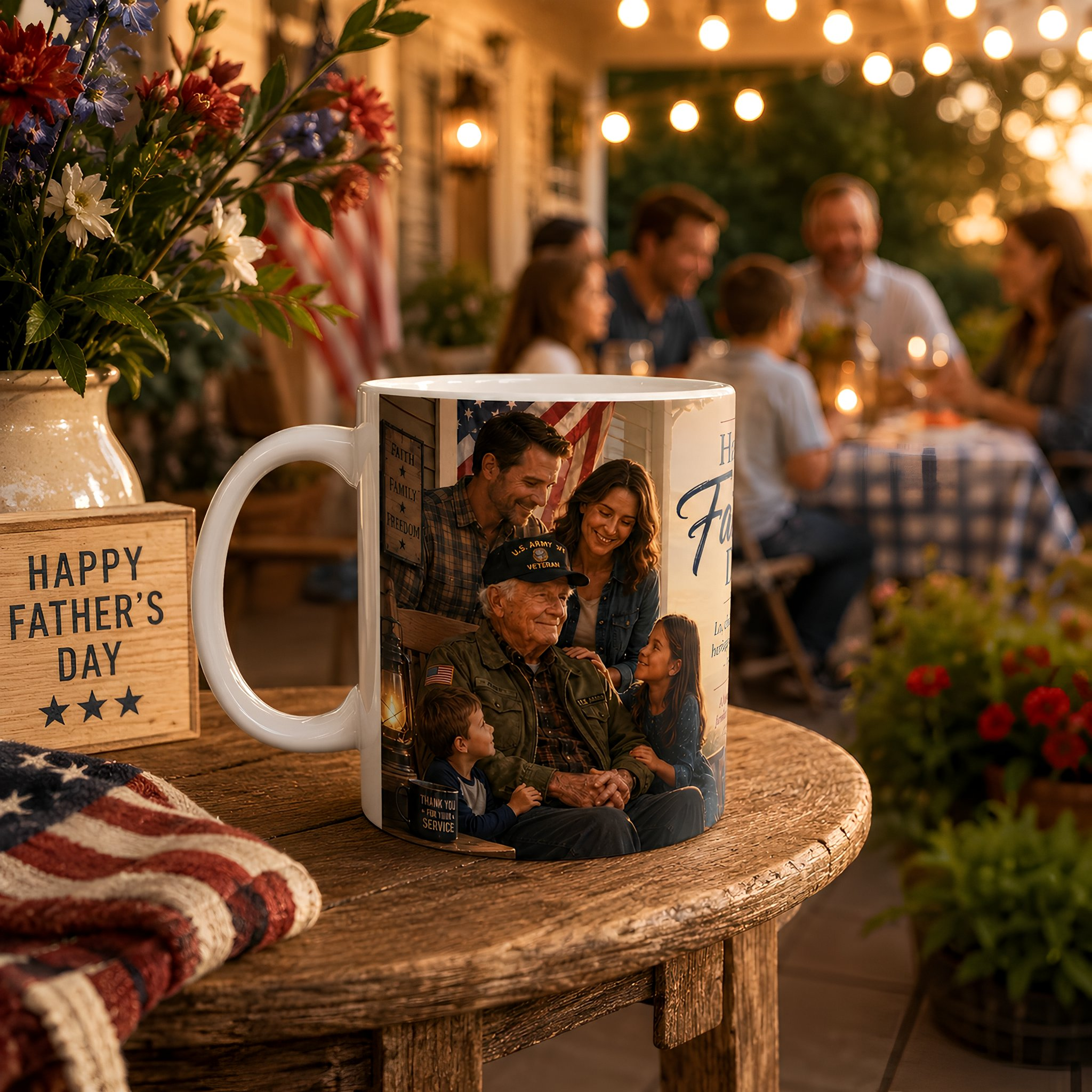 A white mug with a printed photo of a family sitting together, placed on a wooden table. In the background, there are people sitting at a table with a vase of flowers, and string lights are visible, creating a warm and festive atmosphere.