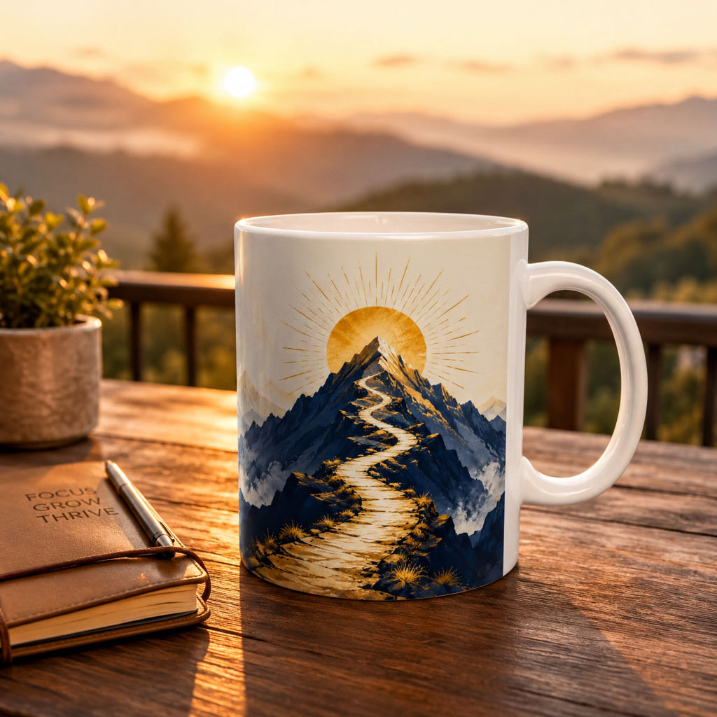 A white mug with a mountain landscape design sits on a wooden table, with a notebook and a plant nearby. The mug features a sun-like design with rays emanating from the center, creating a serene and peaceful atmosphere.