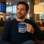A man in a blue sweater is sitting in a chair, holding a mug with an image of airplanes on it.