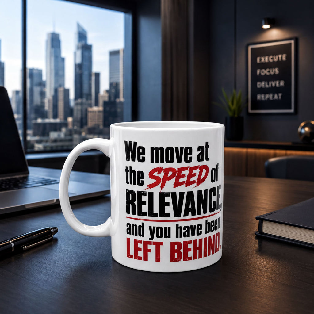 A white mug with text on it, placed on a desk in an office setting with a cityscape visible through a window.