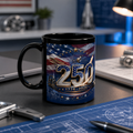 A black coffee mug with a patriotic design featuring the number "250" and the text "1776-2026" is placed on a desk with various office supplies and a model rocket.