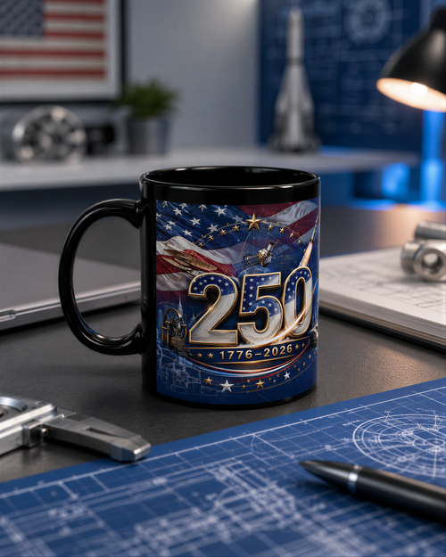 A black coffee mug with a patriotic design featuring the number "250" and the text "1776-2026" is placed on a desk with various office supplies and a model rocket.