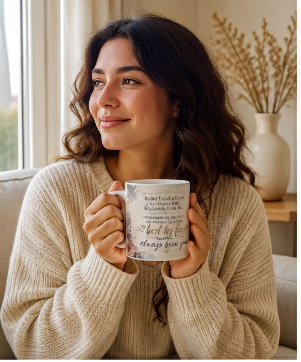 A woman with long brown hair is sitting on a couch, holding a mug with text on it. She is smiling and looking off to the side.