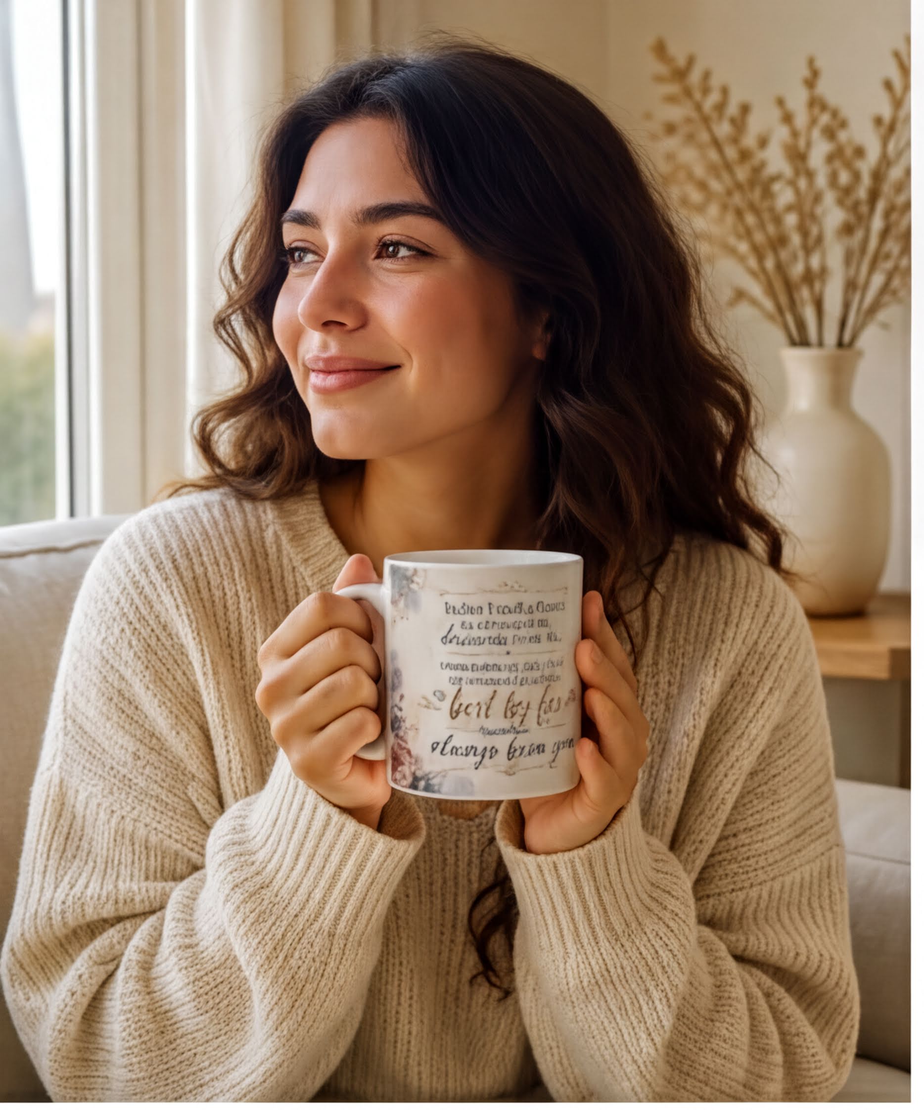 A woman with long brown hair is sitting on a couch, holding a mug with text on it. She is smiling and looking off to the side.
